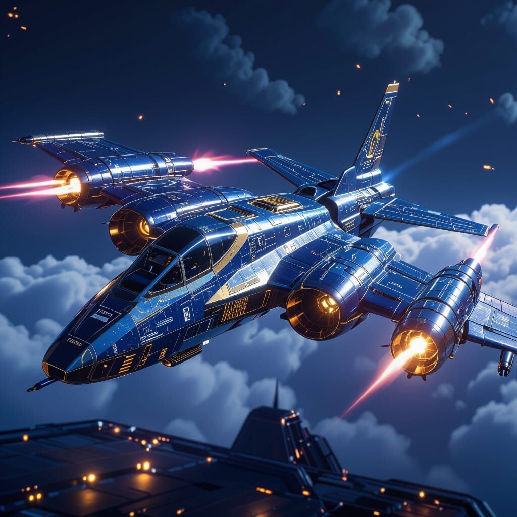 Colossal Futuristic Aircraft with Laser Cannons in Gold and ...