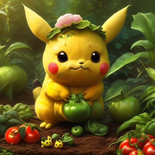 Adorable CGI Pikachu Growing Vegetables in a Garden