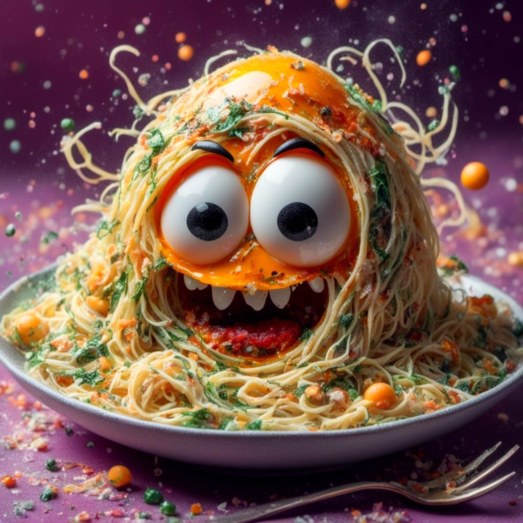 Angry Egg with Spaghetti in Liquid Pour Style