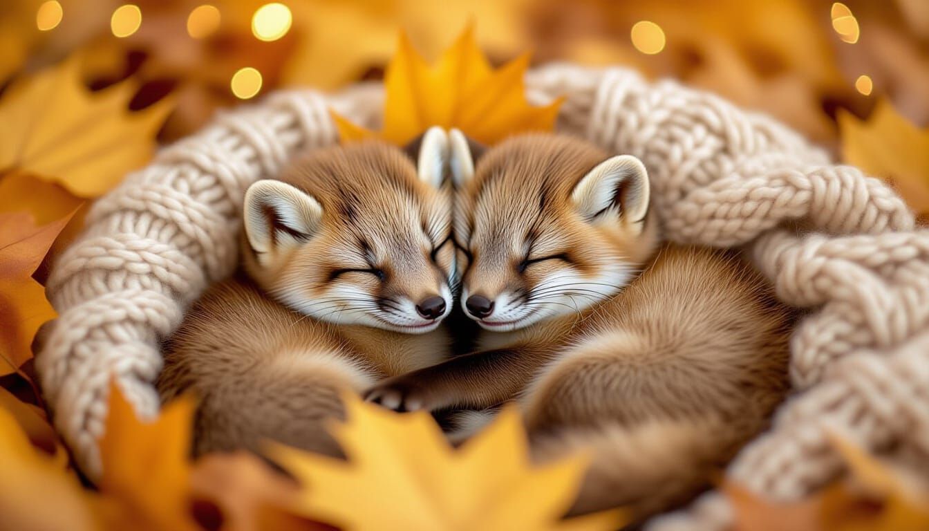 Cozy Martens Napping in Autumn Leaves with Golden Sparkles