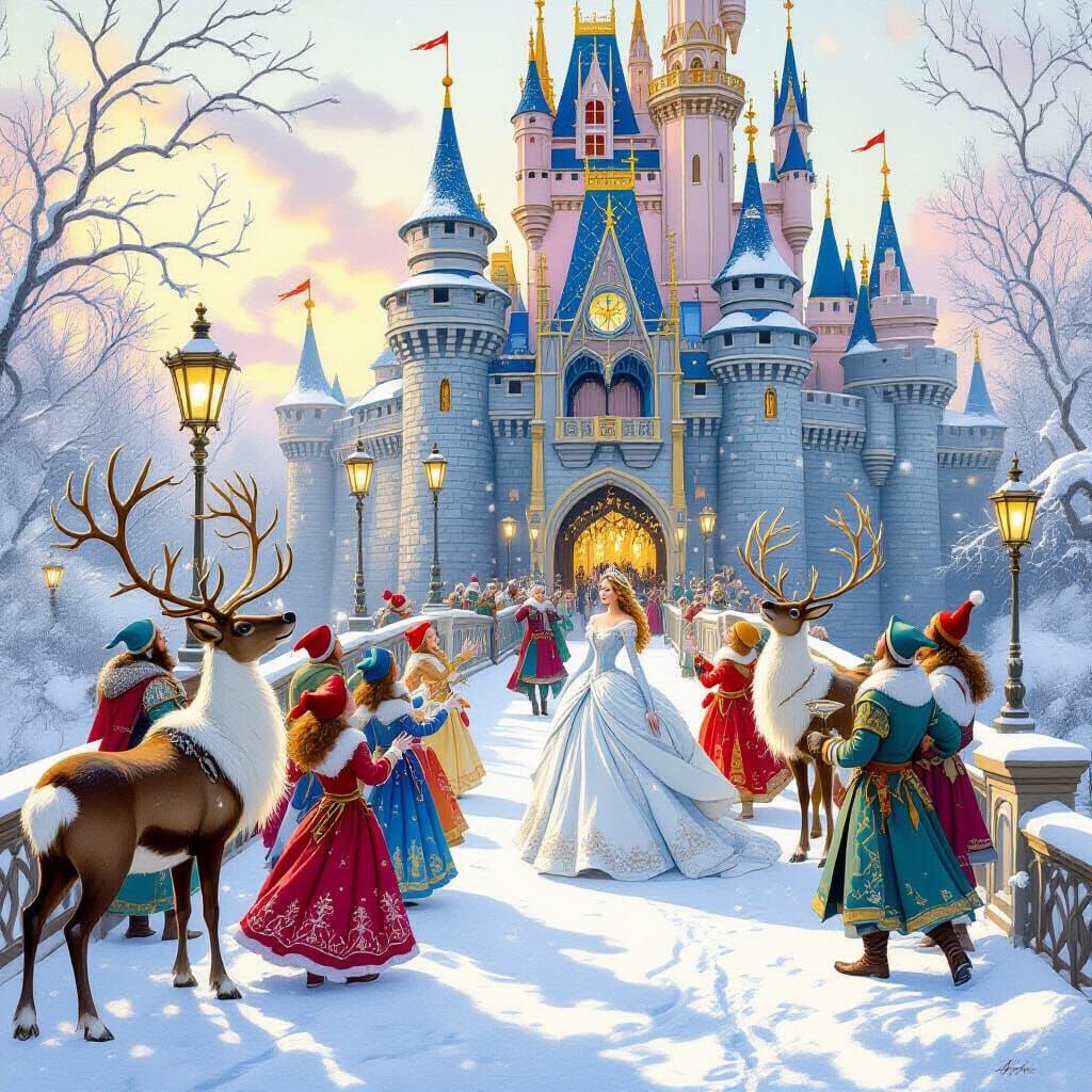 Winter Fairy Tale Castle Scene with Princess and Reindeer