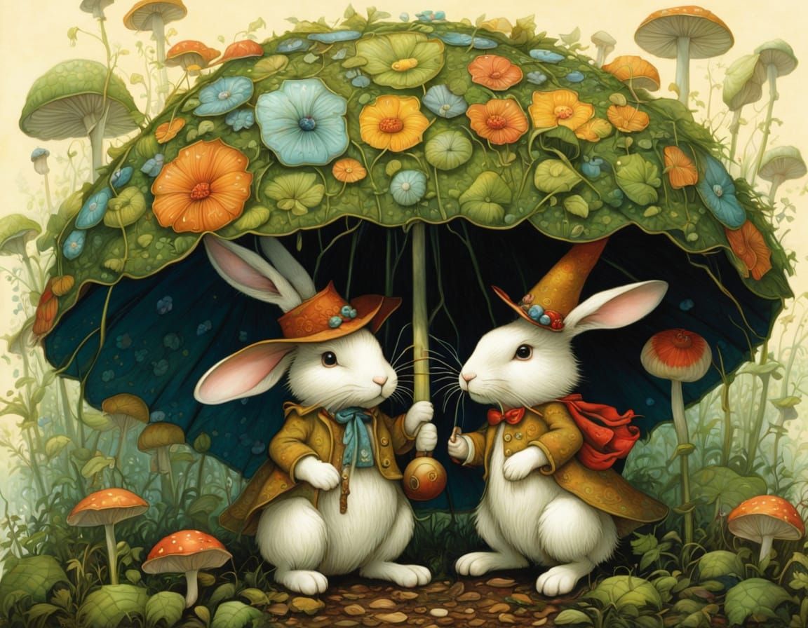 Two Adorable Rabbits Seek Shelter Under a Vibrant Mushroom C...