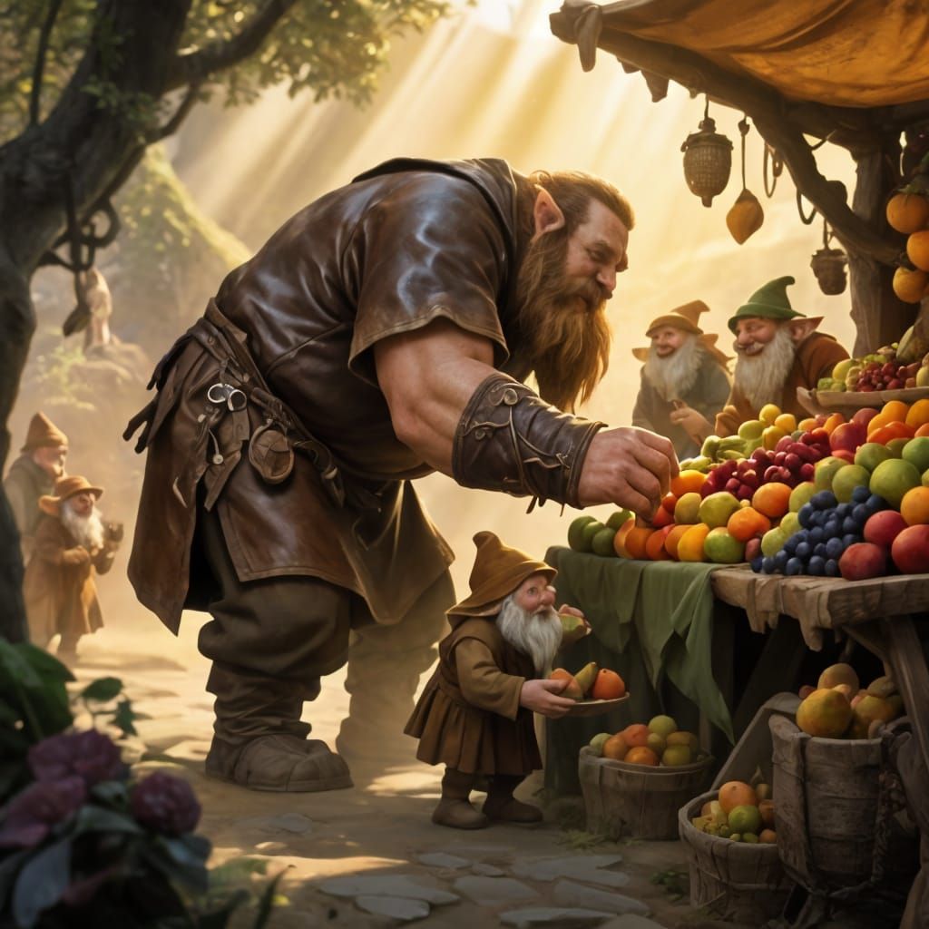Giant Browsing Fruit Stand in Whimsical Fantasy Art