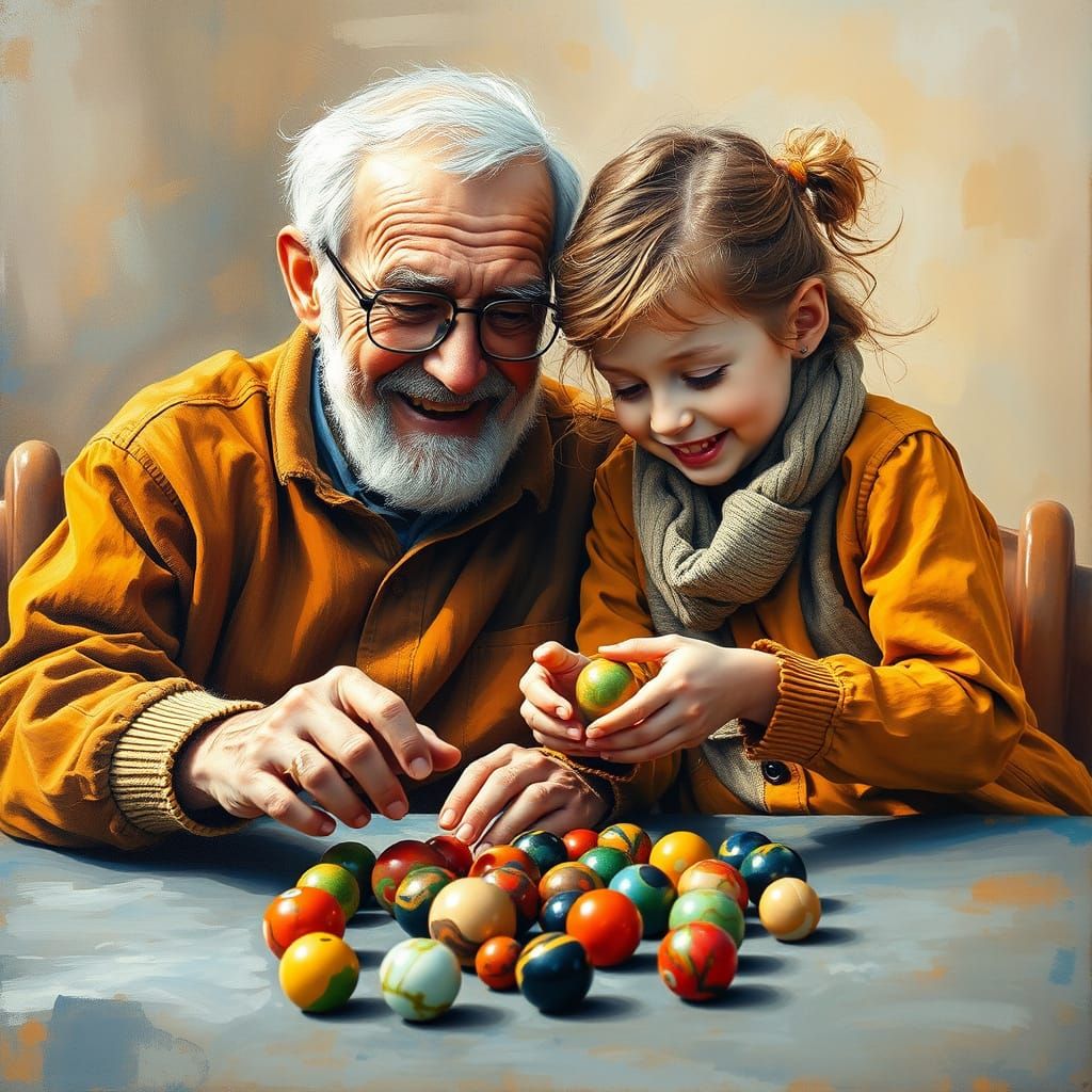 Grandfather and Granddaughter Playing Marbles, Gouache Style