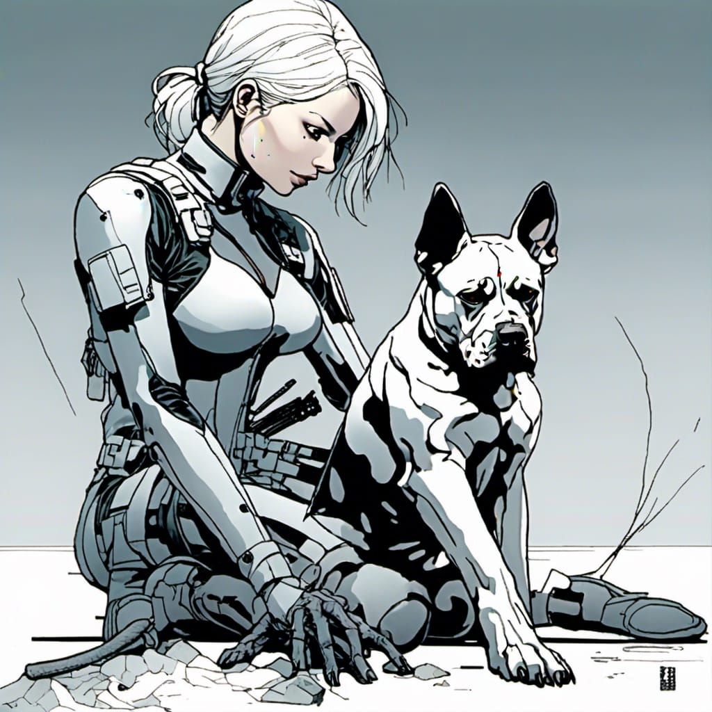 Woman with Puppy: Digital Rendering in Synthwave Style