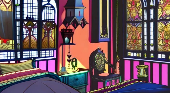 Gothic Master Bedroom with Sunlight in Googie Style