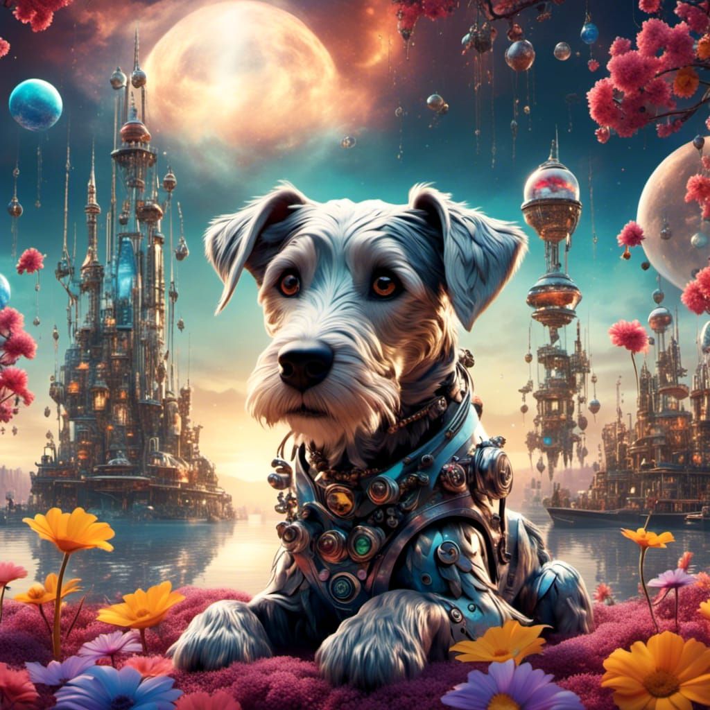 Futuristic Irish Wolfhound Puppy in Sci-Fi Cityscape