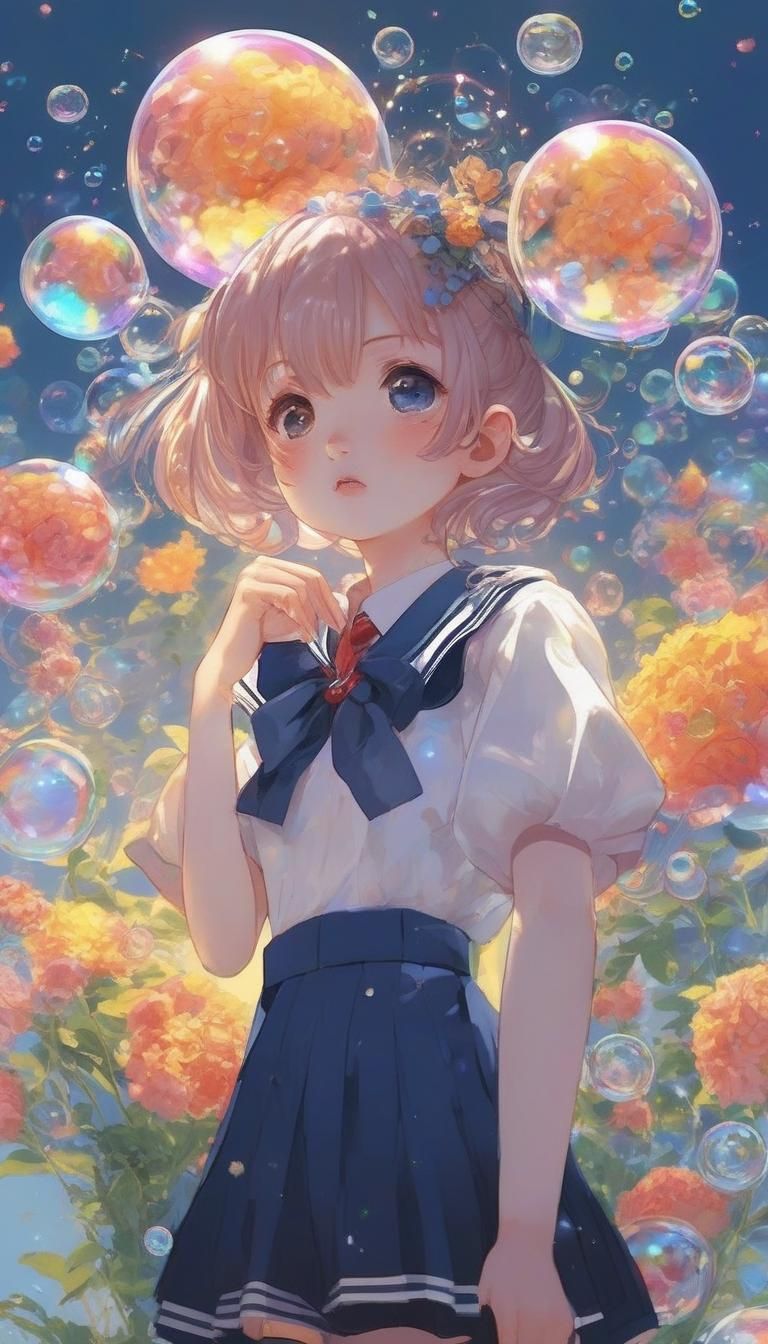 Sparklecore Anime Girl with Bubbles and Flowers