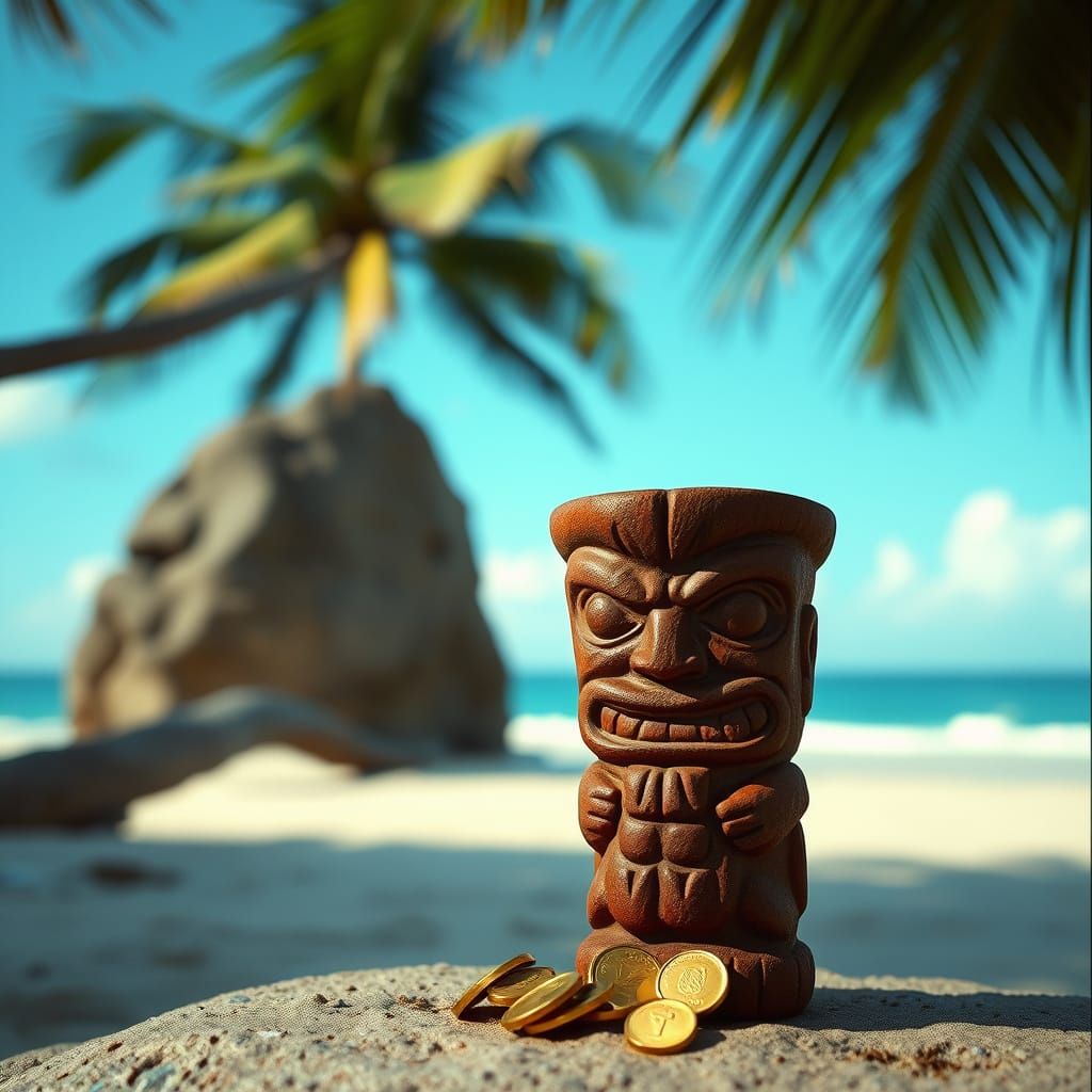 Tropical Beach with Tiki Cup and Gold Coins