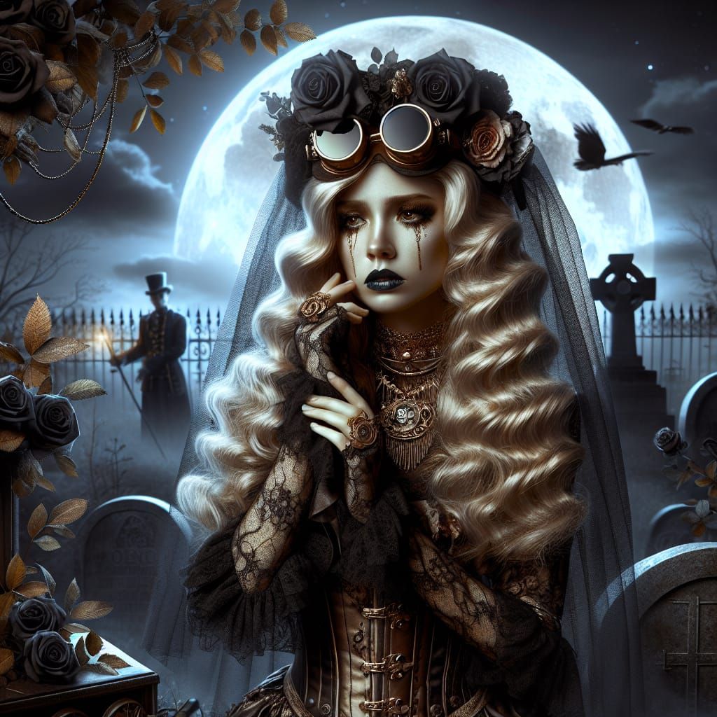 Grieving Steampunk Widow in Moonlit Graveyard