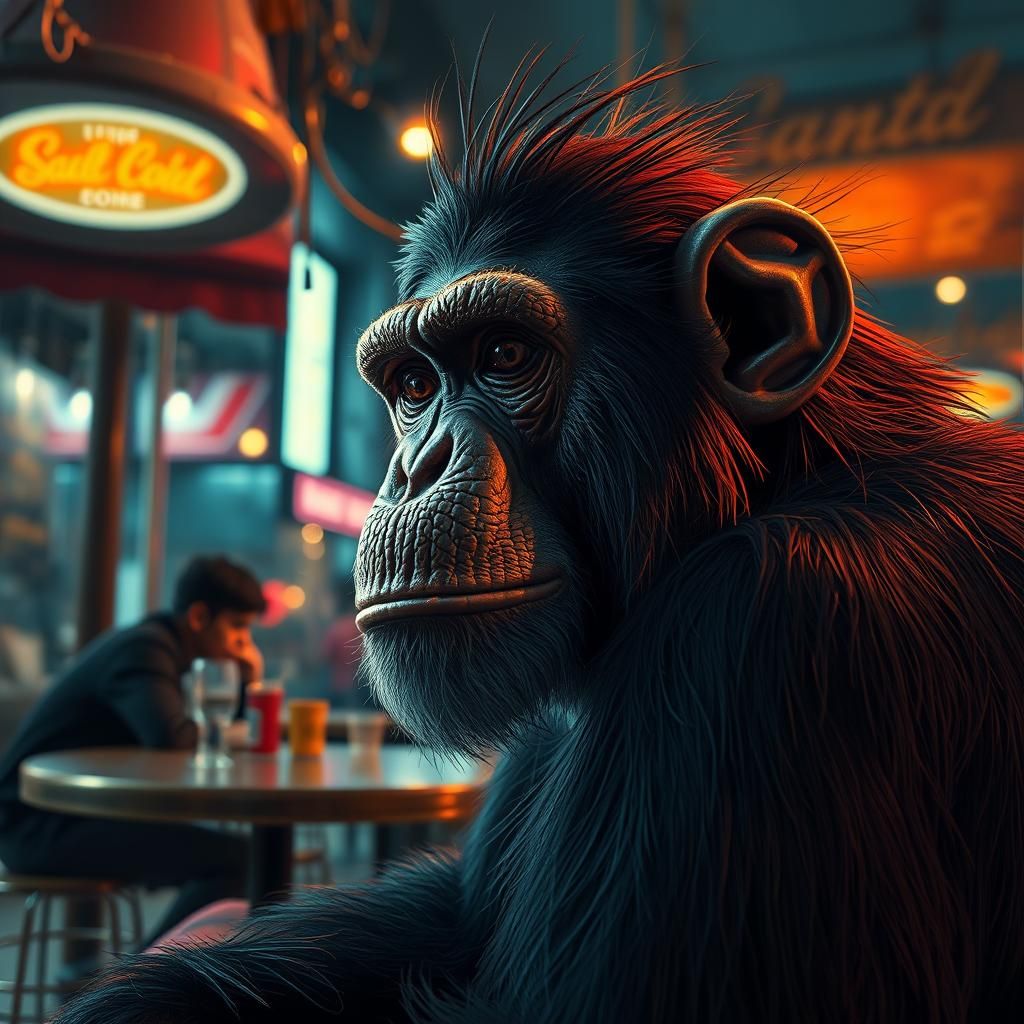Chimpanzee in Night Cafe: Detailed Digital Portrait
