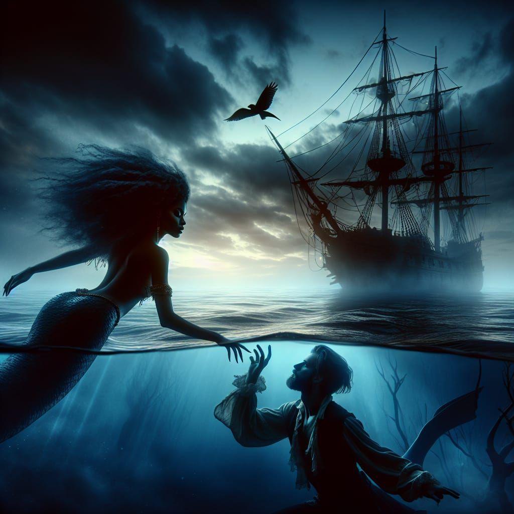 Beautiful dark mermaid Siren and the pirate as she is deciding whether to drown, a dark ghostly pirate ship above them