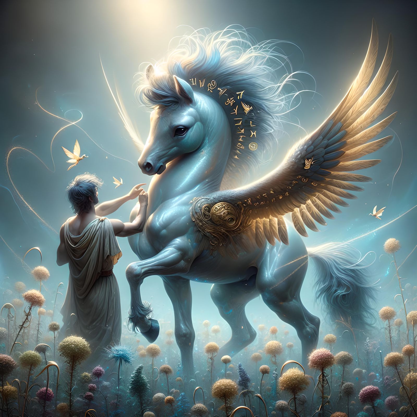 Pegasus Foal in Wildflower Field: Digital Painting