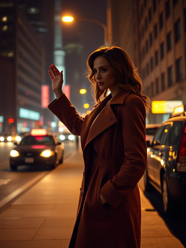 Elegant Woman Hails Cab in Nocturnal City