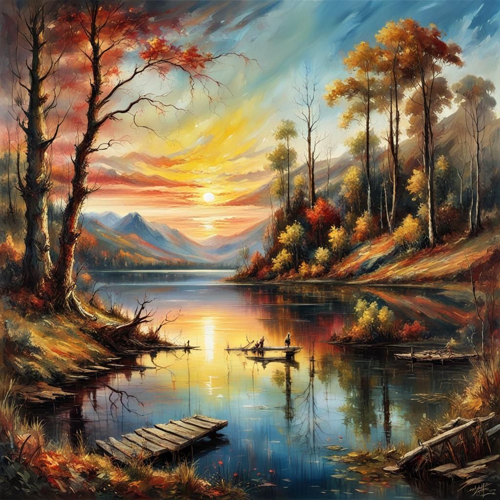 Autumn Sunset Lake: Oil Painting in Ultra HD