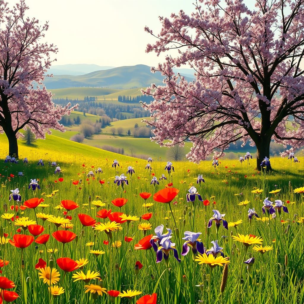 Vibrant Spring Meadow in Warm Golden Light