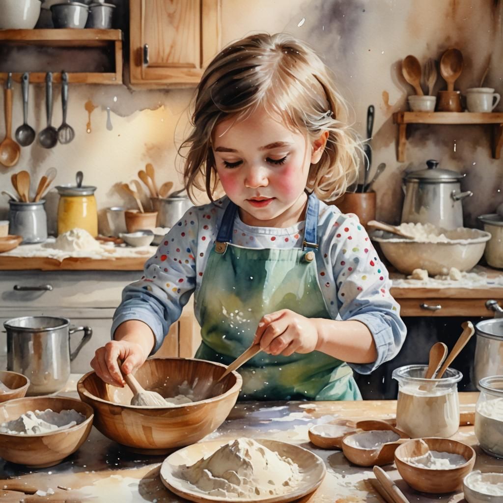 Whimsical Watercolor: Little Girl Baking Challah