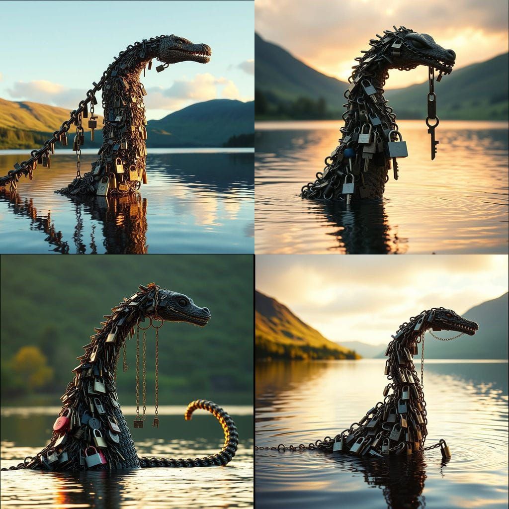 Loch Ness Monster Made of Keys in Golden Light