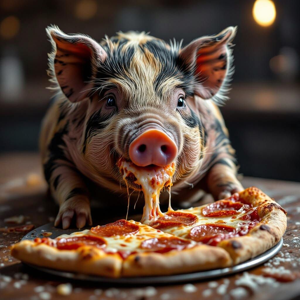 Hyperrealistic Pig Greedily Eats Pizza