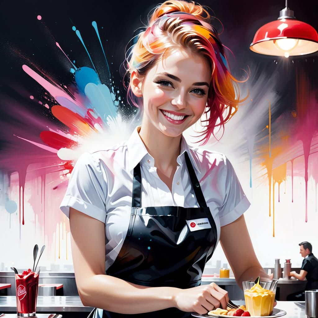 Smiling Waitress Portrait in Diner, Abstract Graphic Design