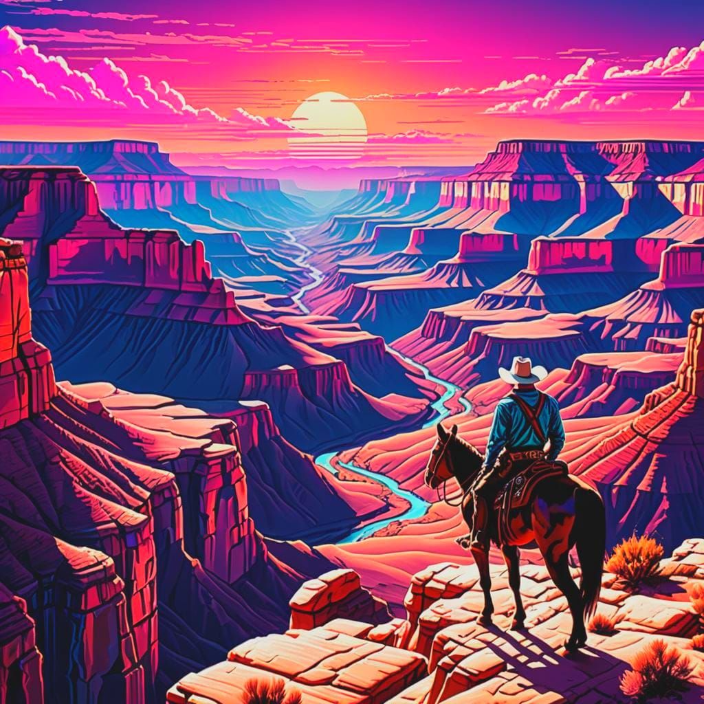 Vaporwave Cowboy Sunset Over Desert Canyon