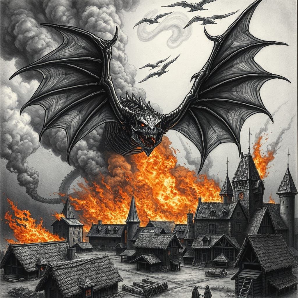 Skeletal Dragon Unleashes Inferno on Medieval Village