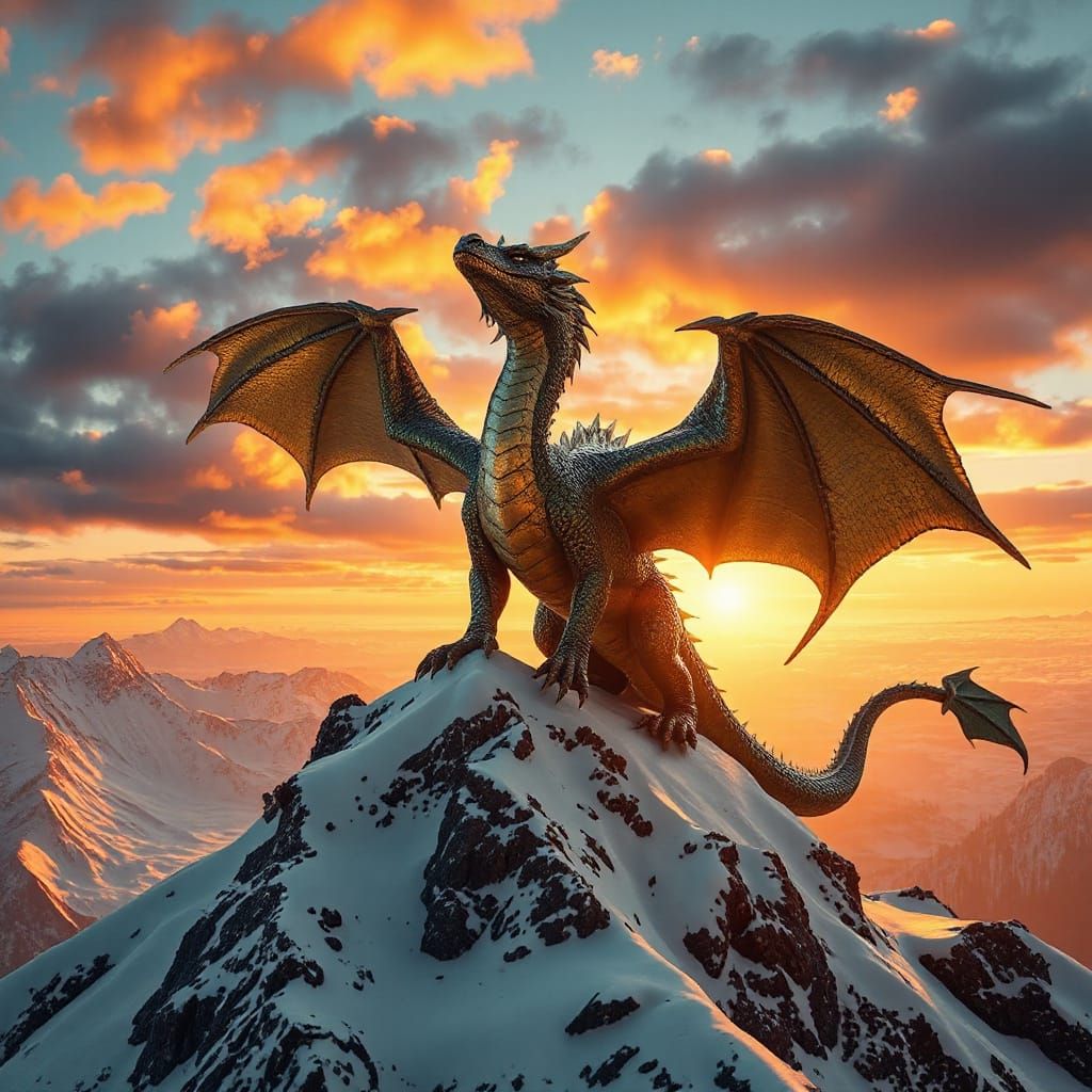 Emerald Dragon Perched Atop Snowy Mountain Peak