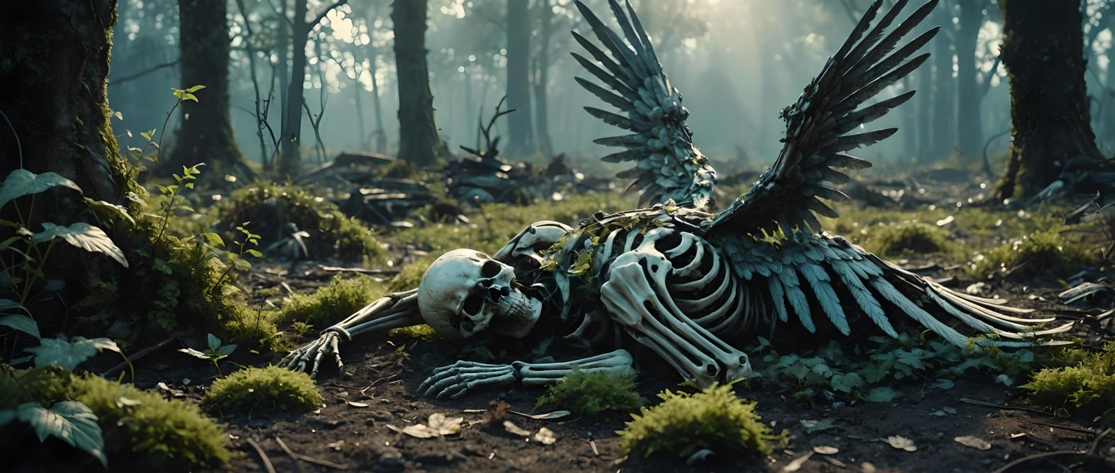 Skeletal Angel Remains on Battlefield in Watercolor Style