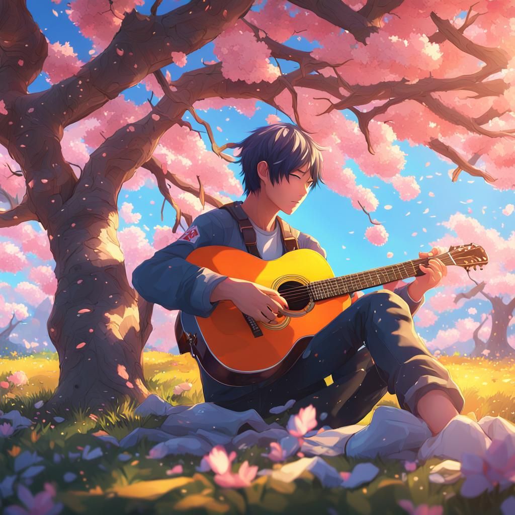 Man Playing Guitar Under Peach Tree in Anime Style