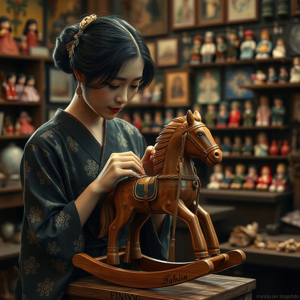 Japanese Woman Repairs Rocking Horse: Rembrandt-Style Painti...
