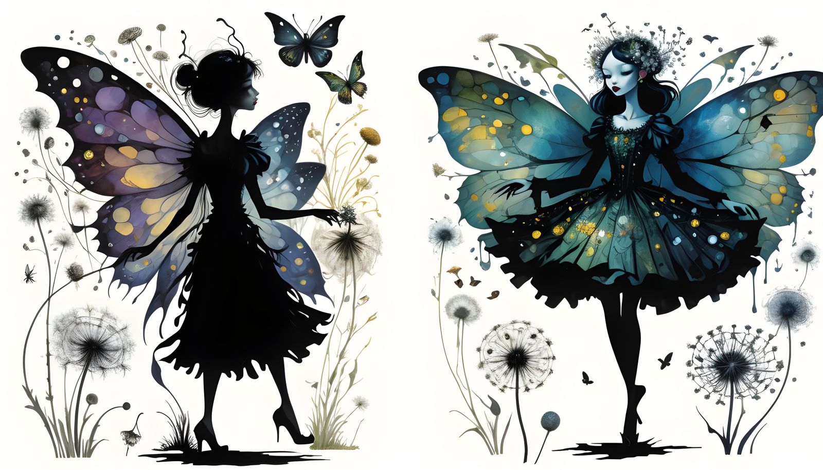 Fairies in Dark Meadow Dreamscape, Grayscale and Color