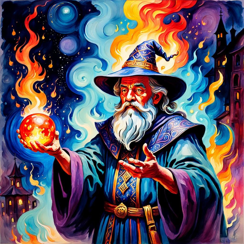 Wizard Conjuring Fireballs as Gouache Watercolor Painting