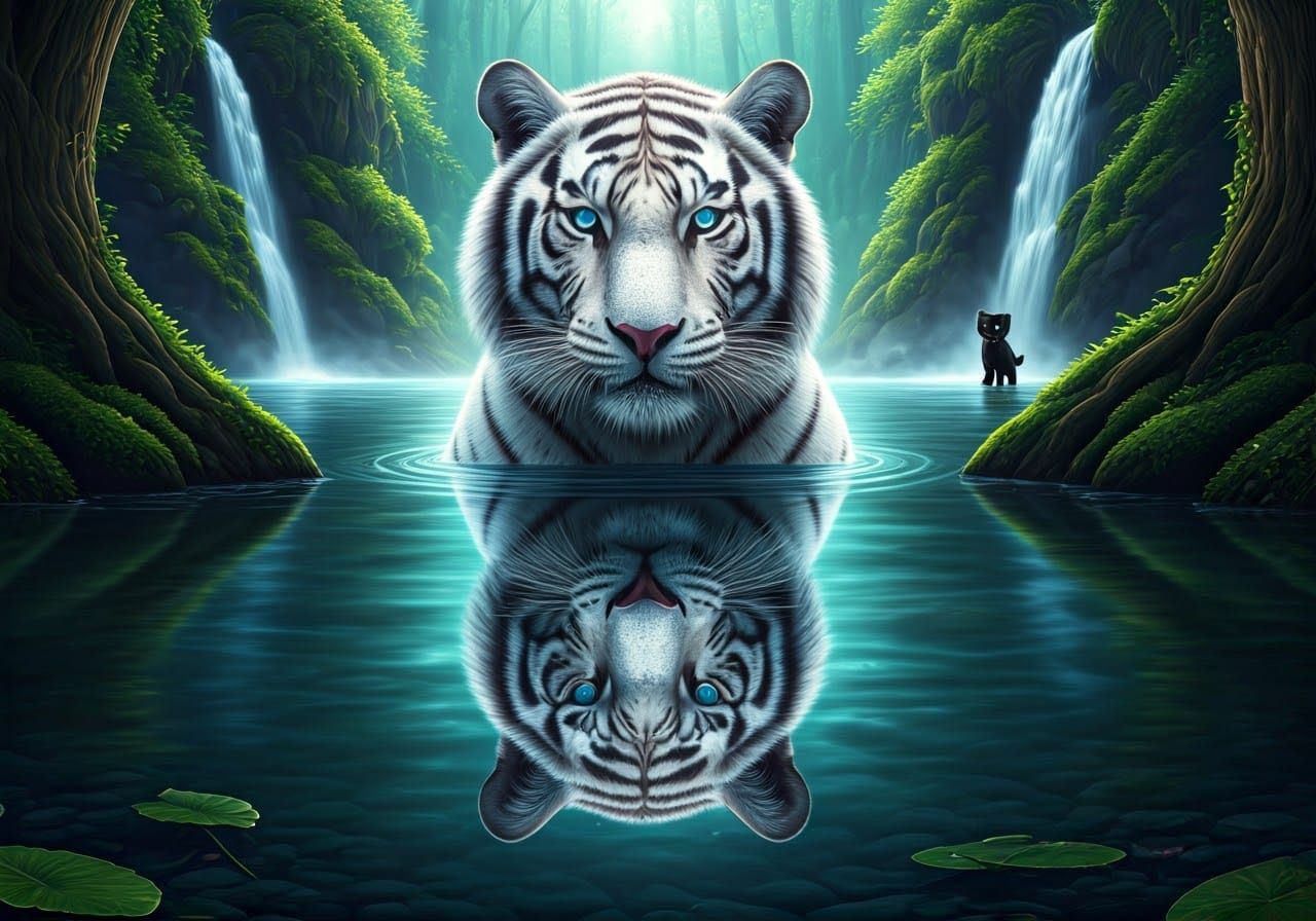 White Tiger Reflection with Kitten in Forest Lake