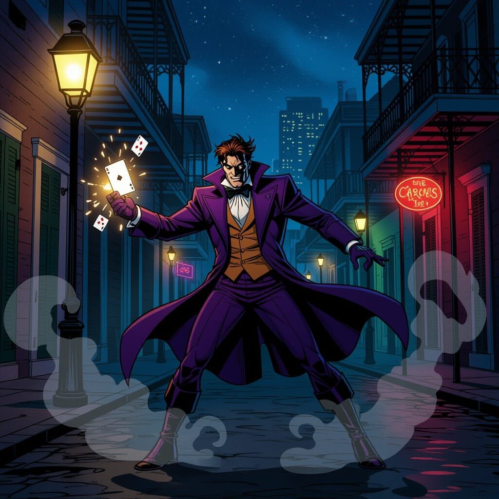 Gambit Unleashing Glowing Card in Smoky New Orleans Night
