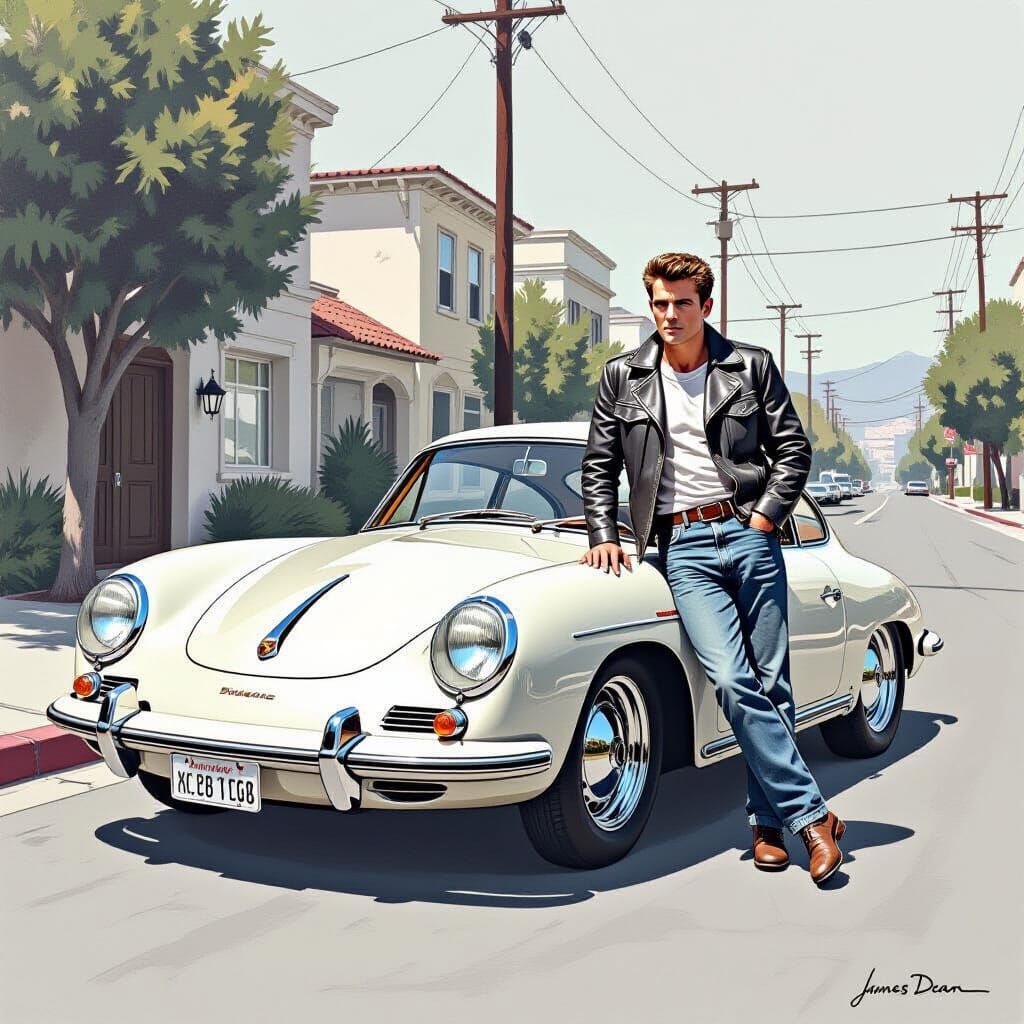 James Dean with Porsche 550 Spyder, in Charcoal Drawing Styl...