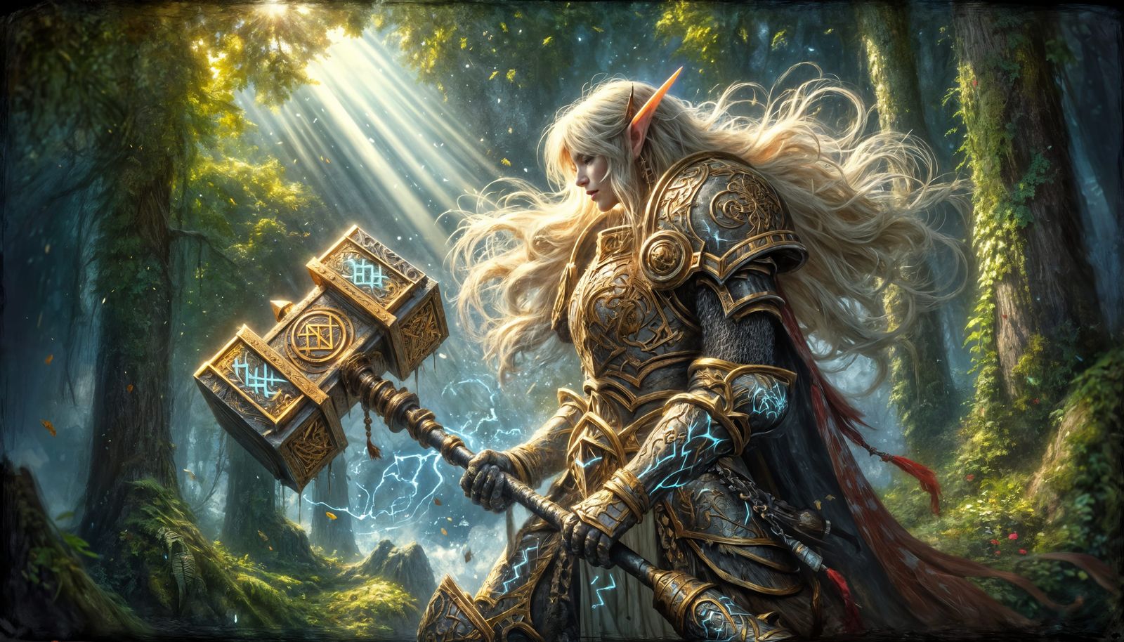 Elf Knight in Rune-Adorned Armor, Digital Painting