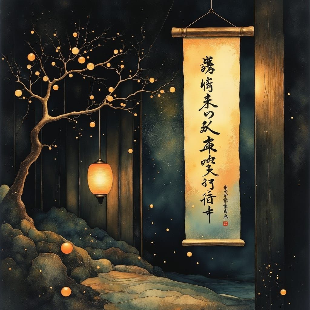 Japanese Calligraphy Haiku Scroll in Soft Lantern Light