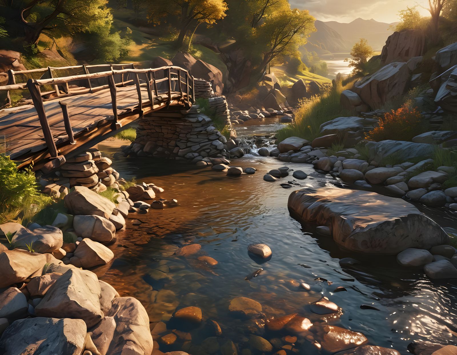 Hyperrealistic Sunset River Gorge with Bridge