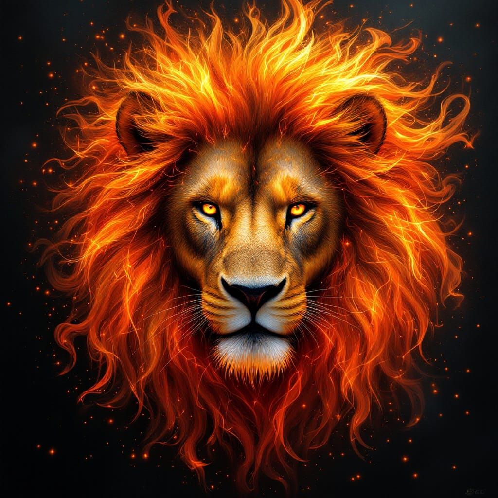 Fiery Lion Digital Painting with Astral Flames