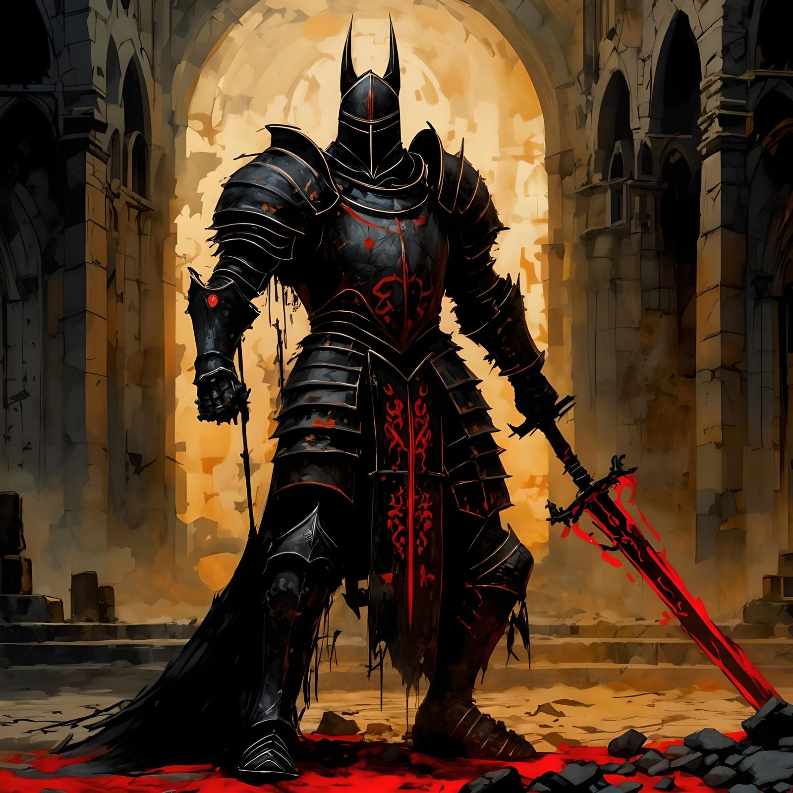 Ascarn the Charred enters the ruined cathedral in Demnios Trostha