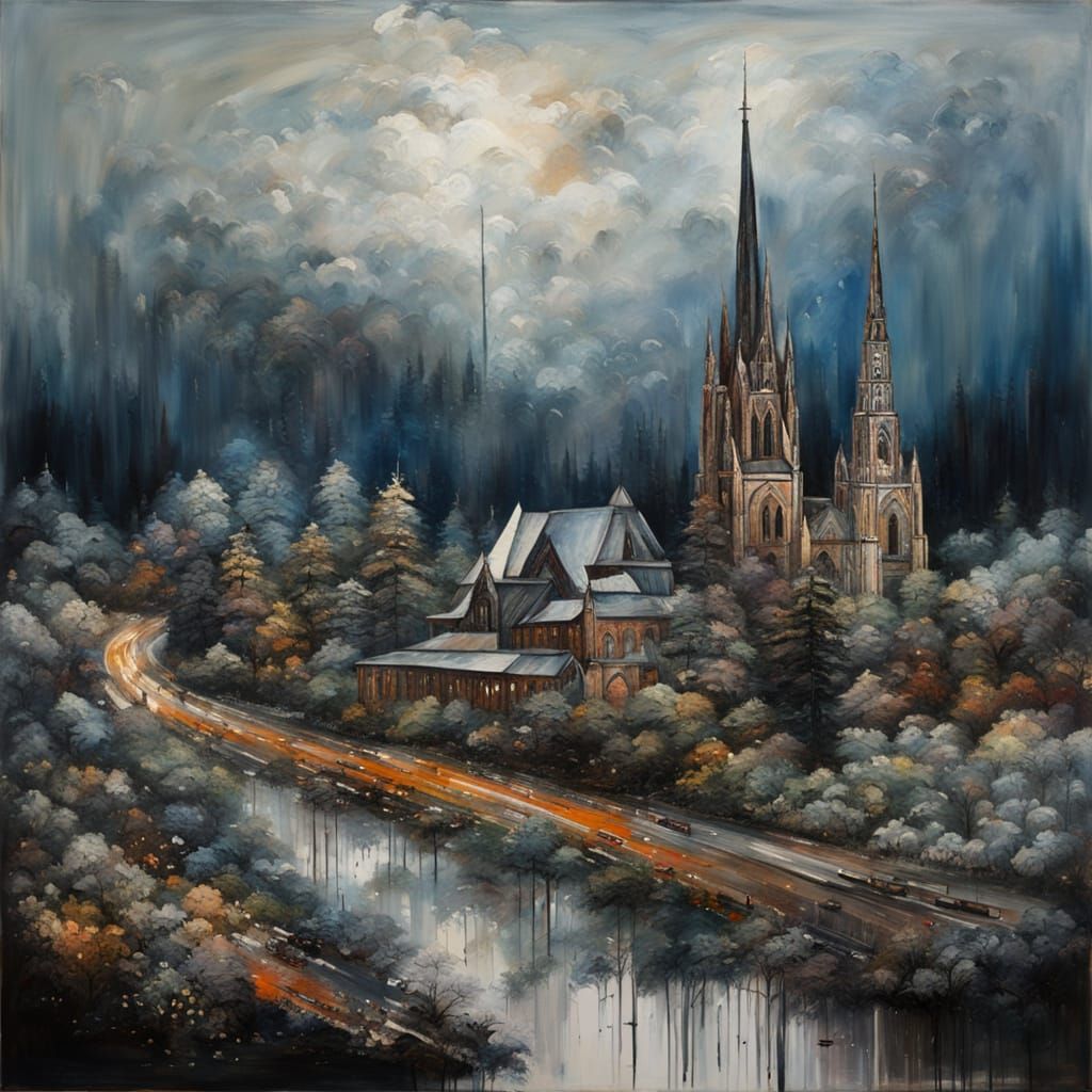 Mountain Cityscape with Cathedral: Fluid Oil Painting