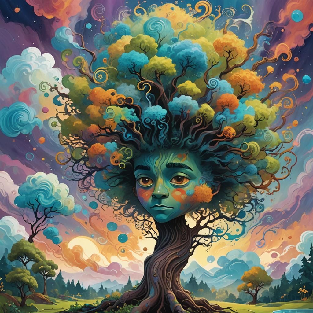 Whimsical Tree in Seuss World, Impasto Painting