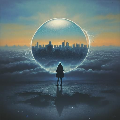 Surreal Figure in Melting Cityscape, Matte Oil Painting