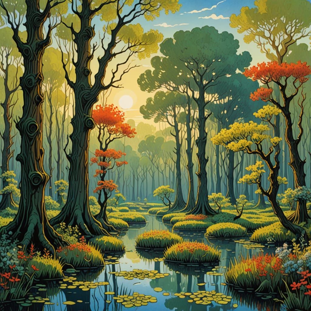 Bright Swamp Landscape in Watercolor and Gouache Style