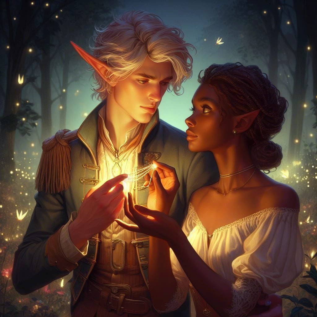 Elven Couple in Enchanted Woods at Night