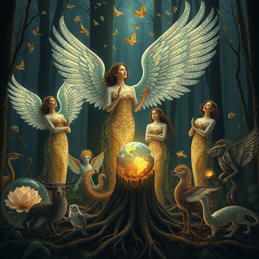 Swan-Winged Women Rise in a Klimt-Inspired Forest