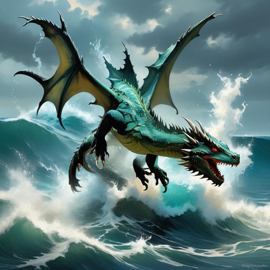 Water Dragon Emerges from Ocean, Sinister Art