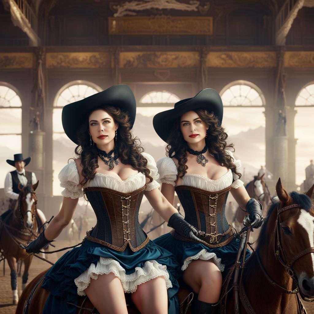 Two Cowgirls on Horseback: 1800s Fantasy Art