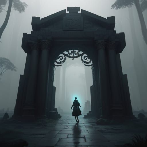 Mysterious Temple Door in a Jungle Twilight