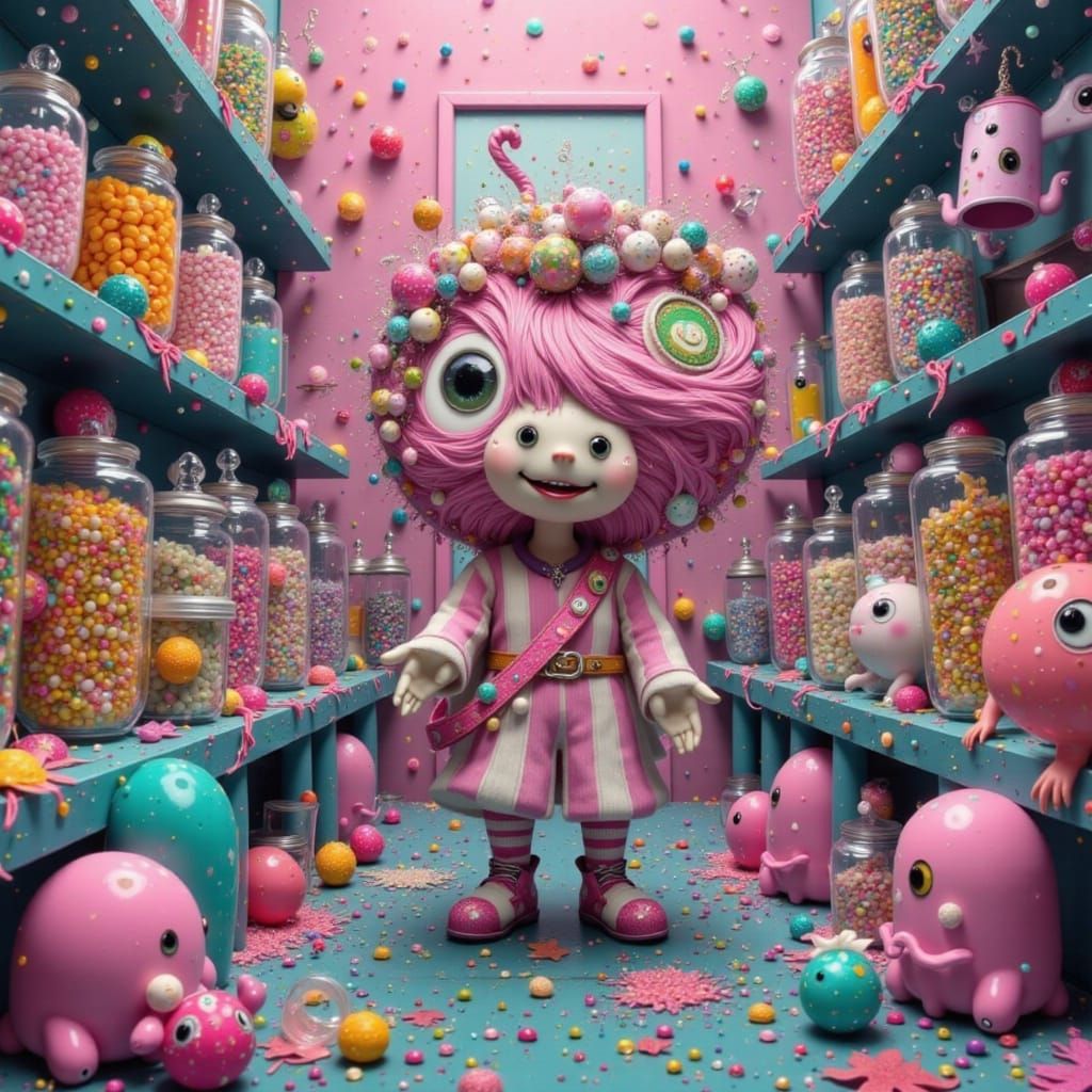 Whimsical Candy Vendor in Pop Surrealist Style